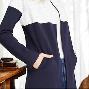Ann Taylor Colorblock Sweater Cardigan Navy Blue and White Open Design Size XS
